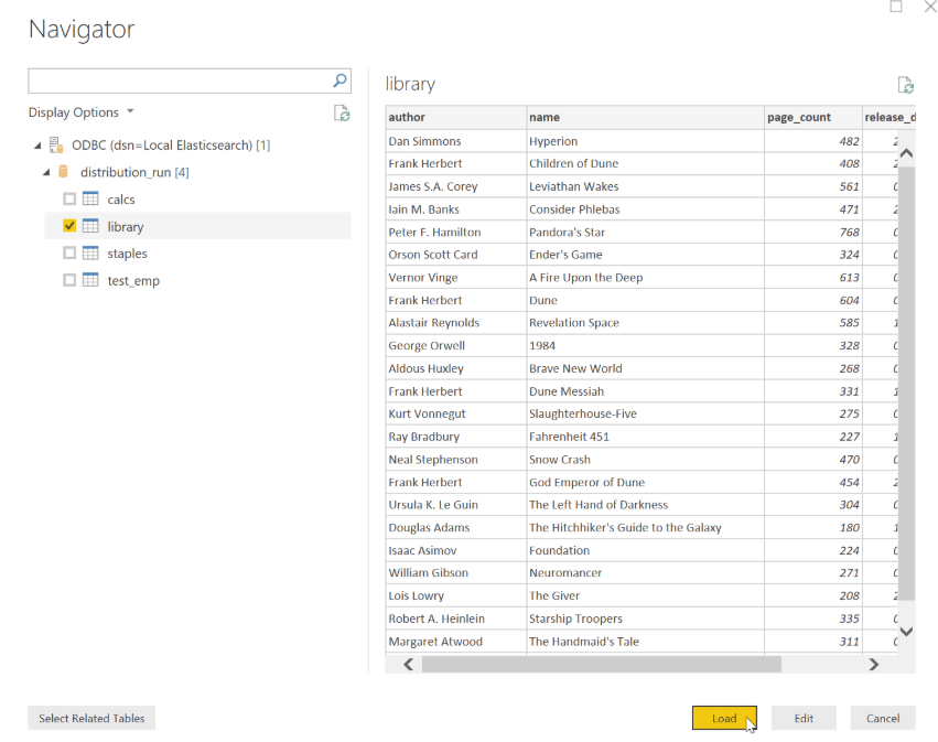 Click on Load: Elastisearch to Power BI